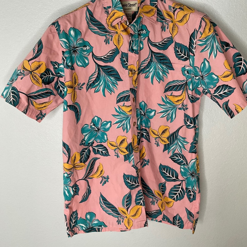 Vintage Cooke Street Honolulu Hawaiian Shirt Pink Aloha Wear Button Up Size S